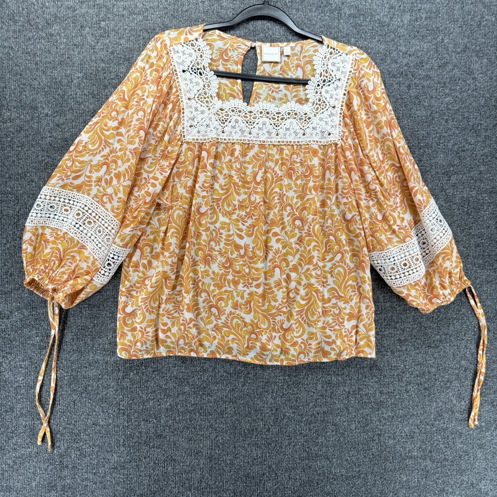 Womens Top Womens L Orange White Floral Peasant Boho Cottagecore Western Prairie